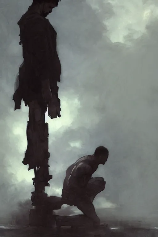 Image similar to man kneeling at the foot of a wooden cross, dramatic lighting art by Yoji Shinkawa by Richard Schmid by greg rutkowski by Sandra Chevrier by Jeremy Lipking cinematic dramatic, by frank miller, illustration by Ruan Jia and Mandy Jurgens and William-Adolphe Bouguereau, Artgerm, 4k, digital art, surreal, space dandy style, highly detailed, godsend, artstation, digital painting, concept art, smooth, sharp focus, illustration by Ruan Jia and Mandy Jurgens and William-Adolphe Bouguereau, Artgerm