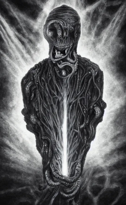 Image similar to lovecraftian portrait of jerma, surrounded by beams of light dark background by wayne barlow, stanley donwood, anton semenov, zdzislaw bekinski, hr giger, 8 k, fantasy, dark, highly detailed