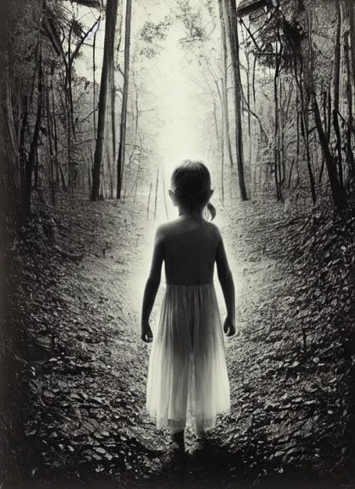 Prompt: i see the back of a little girl in a flowery dress walking away into a forest,, art by sally mann