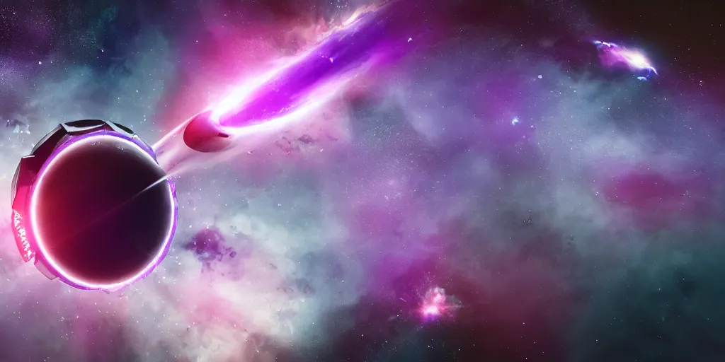 Image similar to A hi-tech spaceship exploding an antimatter bomb, purple explosion, space nebula, white stars in the background, 8k render, cinematic lightning, ultra hd