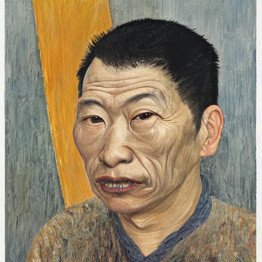 Image similar to detailed portrait of an asian american man in his 3 0 s, by lucian freud, francis bacon, john chamberlain, willem de kooning, andreas franke, jean giraud, rob gonsalves, james gurney, james jean, ruan jia, gustav klimt