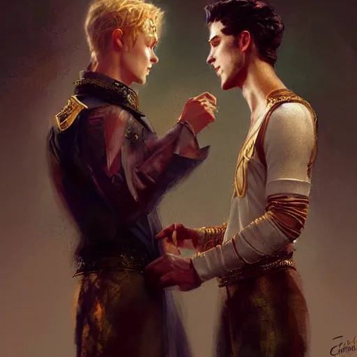 Prompt: attractive fully clothed king confesses his love for his attractive fully clothed male prince. highly detailed painting by craig mullins, tom bagshaw,