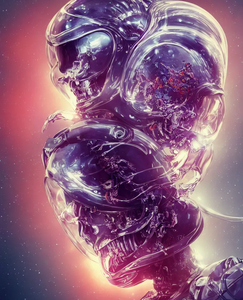 Image similar to close-up macro portrait of the face of a beautiful princess rotten skull in a spaceman suit, epic angle and pose, symmetrical artwork, 3d with depth of field, blurred background, cybernetic jellyfish female face skull phoenix bird, translucent, nautilus, energy flows of water and fire. a highly detailed epic cinematic concept art CG render. made in Maya, Blender and Photoshop, octane render, excellent composition, cinematic dystopian brutalist atmosphere, dynamic dramatic cinematic lighting, aesthetic, very inspirational, arthouse. y Greg Rutkowski, Ilya Kuvshinov, WLOP, Stanley Artgerm Lau, Ruan Jia and Fenghua Zhong