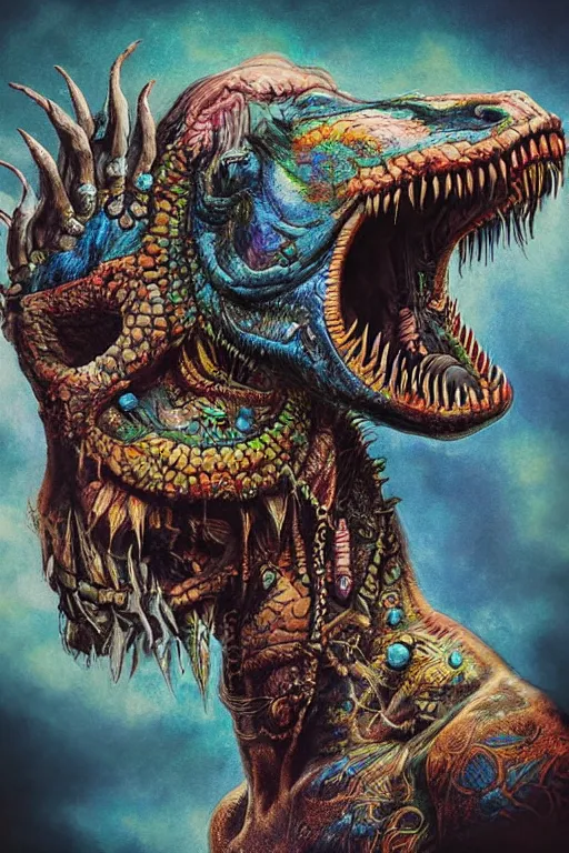 Image similar to hyperrealistic hyper detailed neo-surreal close-up 35mm portrait of levitating psychedelic shaman covered in dinosaur tattoos, rococo matte painting concept art very dramatic lighting low angle hd 8k sharp shallow depth of field