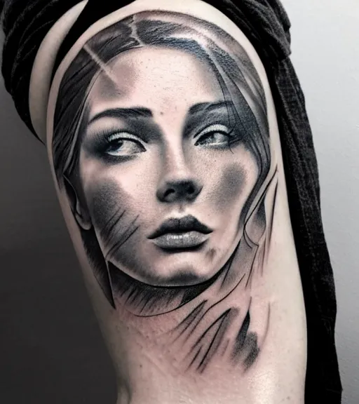 Image similar to tattoo design sketch of a beautiful woman face with a realistic mountain scenery on her side, hyper - realistic, double exposure effect, in the style of matteo pasqualin, amazing detail, black and white, faded