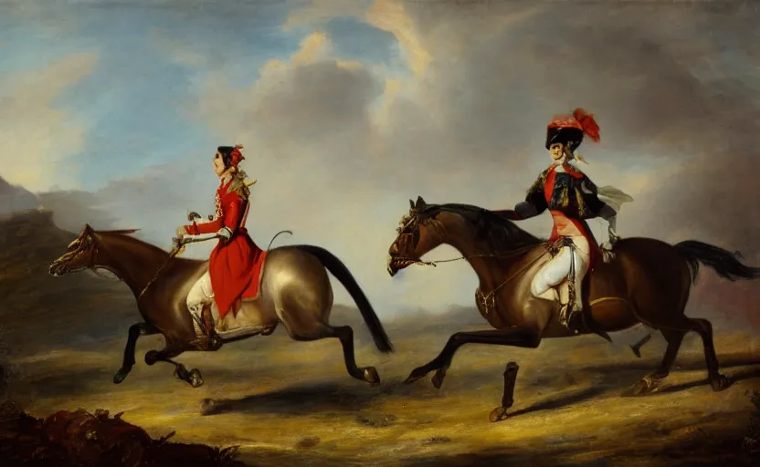 Image similar to woman in napoleonic dress standing on a galloping horse on a battlefield