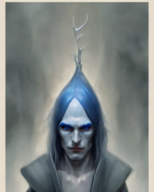 Prompt: character portrait of a slender half elven man with white hair, piercing blue eyes, and pale bluish skin, by greg rutkowski, mark brookes, jim burns, tom bagshaw, trending on artstation