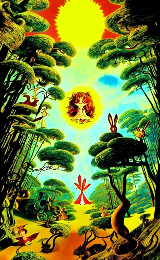 Image similar to enchanted forest, sun in the sky, bunnies, fairy, alice in wonderland, hallucination, psychotropic psychedelic, wide angle shot, white background, vector art, illustration by frank frazetta by salvador dali