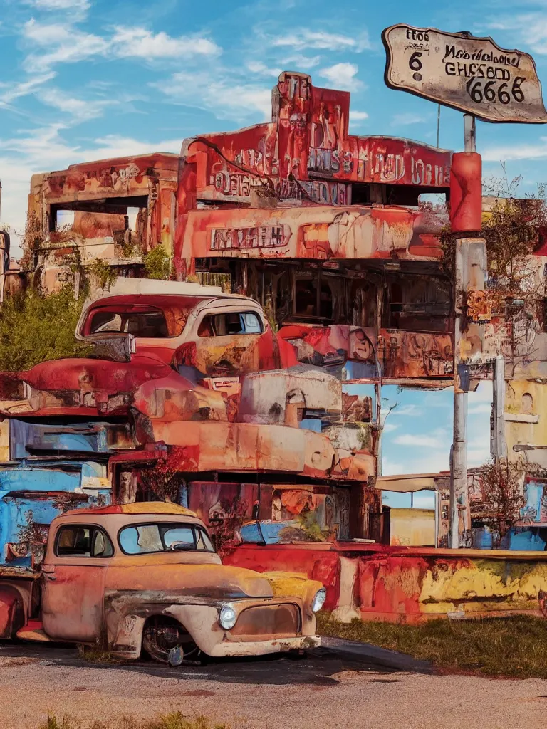 Image similar to A beautiful colorful evening scene of route66 with abandoned gas station and rusty old pickup truck :: hyper realistic