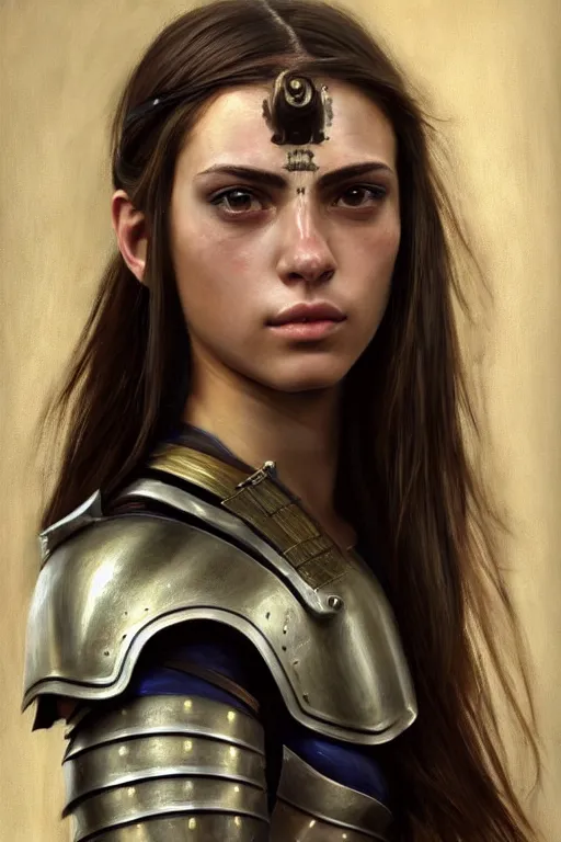 Image similar to a sharply detailed, photorealistically painted portrait of an attractive young female, partially clothed in battle armor, with an abstractly painted background, flawless olive skin, fair complexion, long dark hair, beautiful bone structure, perfectly symmetric facial features, perfect photorealistic eyes, natural physique, intricate, elegant, digital painting, concept art, finely detailed, beautifully illustrated, sharp focus, minimal artifacts, volumetric lighting, from Metal Gear, by Ruan Jia and Mandy Jurgens and Artgerm and William-Adolphe Bouguerea, in the style of Greg Rutkowski, trending on Artstation, award winning art