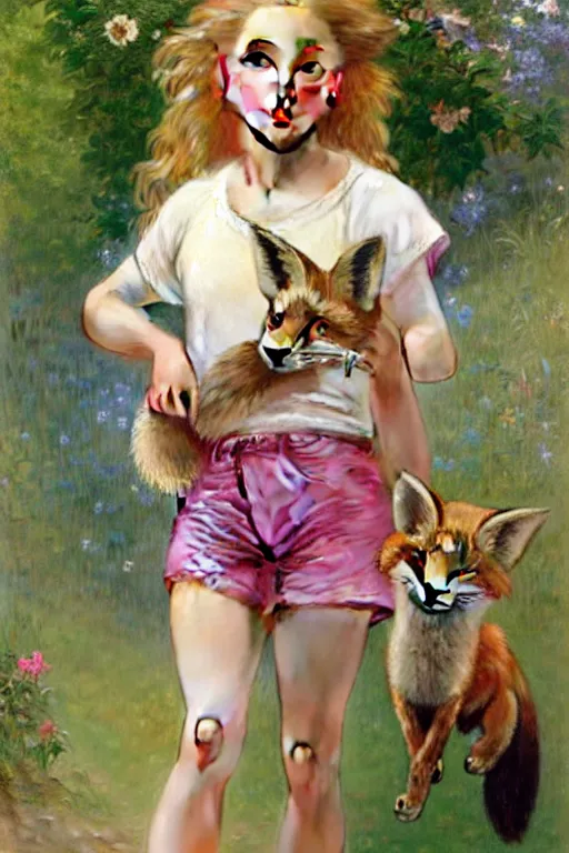 Prompt: a seven - year old girl with long curly dirty blonde hair, blue eyes, tan skin, a pink tee shirt, shorts, playing with a fox, painting by daniel gerhartz, alphonse mucha, bouguereau, detailed art, artstation