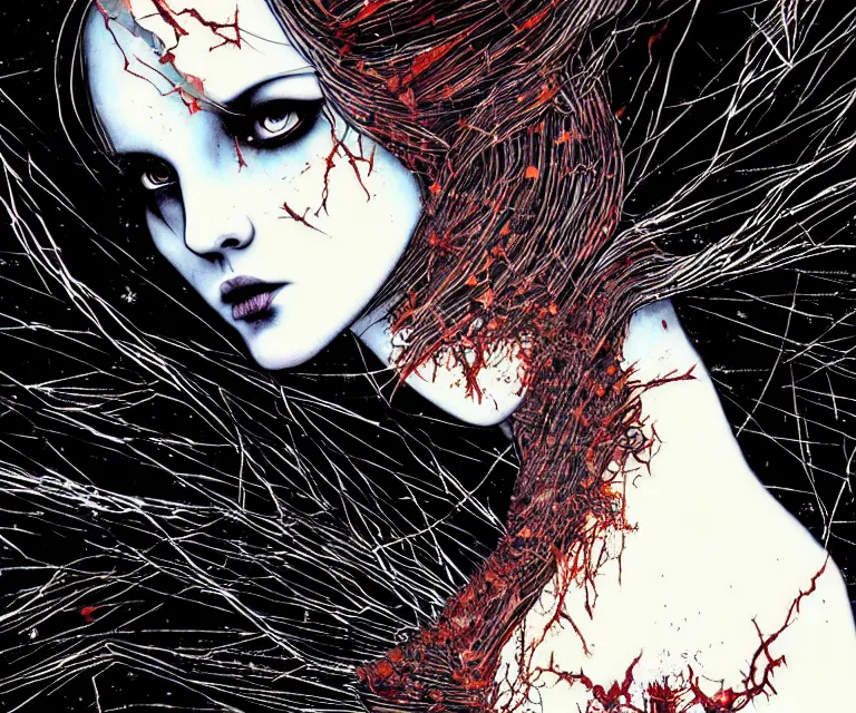 Image similar to stunning otherworldly gothic goddess of beauty, dark and mysterious, atmospheric, ominous, eerie, cinematic, epic, 8 k, 4 k, ultra detail, ultra realistic, rendered by awesomeness. nights falling wind is blowwing snow is pilling concept art in style of el anatsui and carne griffiths artwork by xsullo