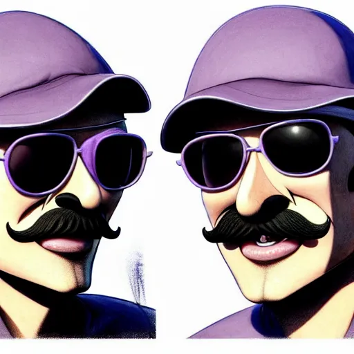 Prompt: Extremely Detailed and Full Portrait scene of Gooey Ocean scene in ink and refined sand, Waluigi with shades on face. wearing purple shirt and hat with dark grey overalls full body smiling by Akihito Yoshitomi AND Yoji Shinkawa AND Greg Rutkowski, Mark Arian trending on artstation