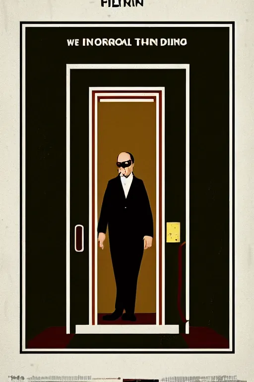 Image similar to a movie poster for the film the shining featuring a prominent portrait of jack nicholson and a stylised elevator in the style of wes anderson.