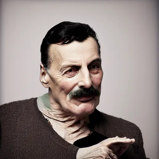 Image similar to old freddie mercury singer at age 9 0 years old, color ( sony a 7 r iv, symmetric balance, polarizing filter, photolab, lightroom, 4 k, dolby vision, photography award ), vogue, perfect face, movie poster