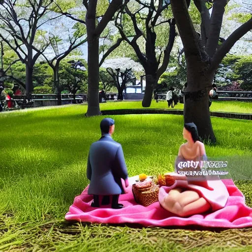 Image similar to a miniature diorama model of a couple having a picnic in a Tokyo park