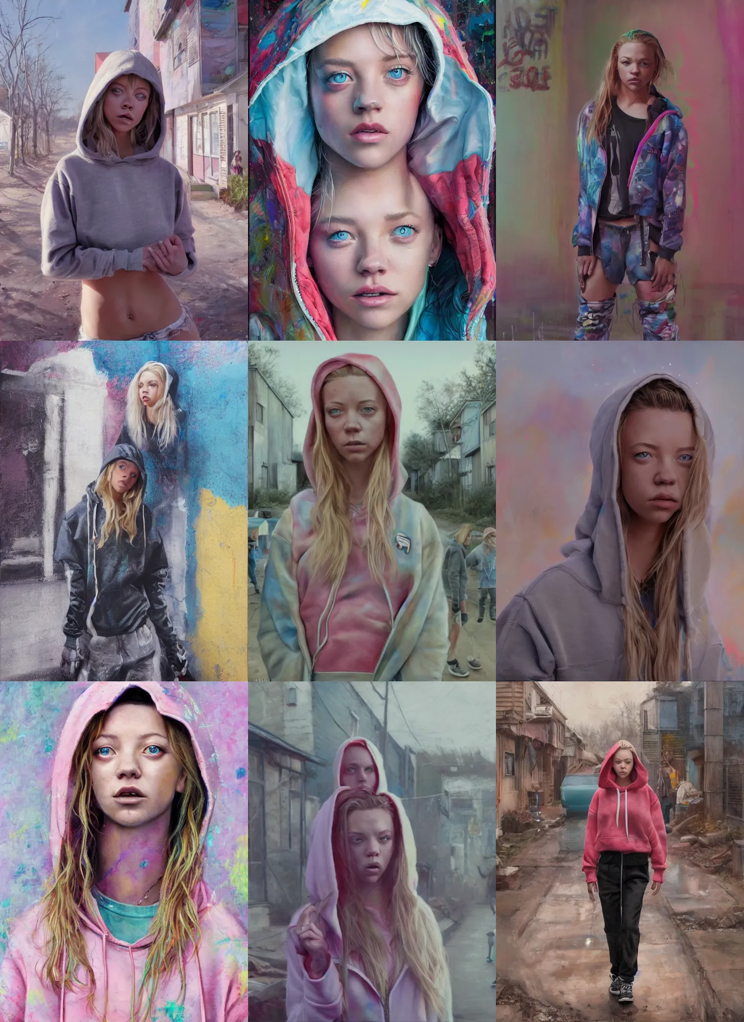 Prompt: still from music video of sydney sweeney from die antwoord standing in a township street, wearing a hoodie, street clothes, full figure portrait painting by martine johanna, earl norem, wadim kashin, pastel color palette, 2 4 mm lens