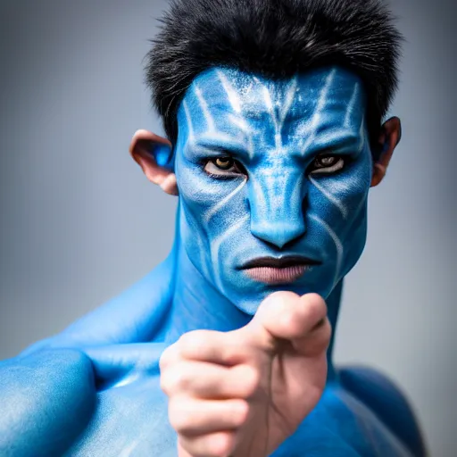 Prompt: award winning photography portrait, handsome actor with blue skin, avatar, leica 1 0 0 mm f 0. 8