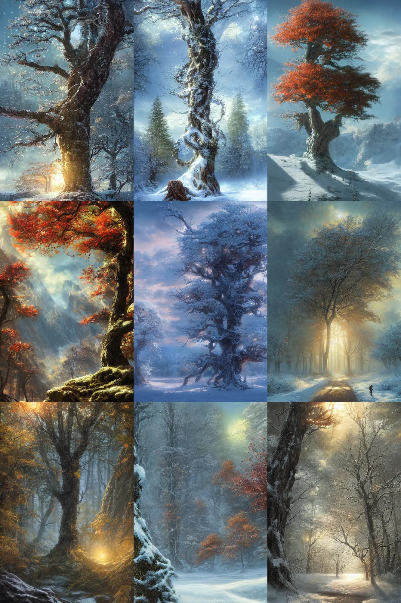 Prompt: tree, spring, summer, autumn, winter, snow, volymetric light, highly detailed matte painting, noriyoshi ohrai, charlie bowater, mark brooks