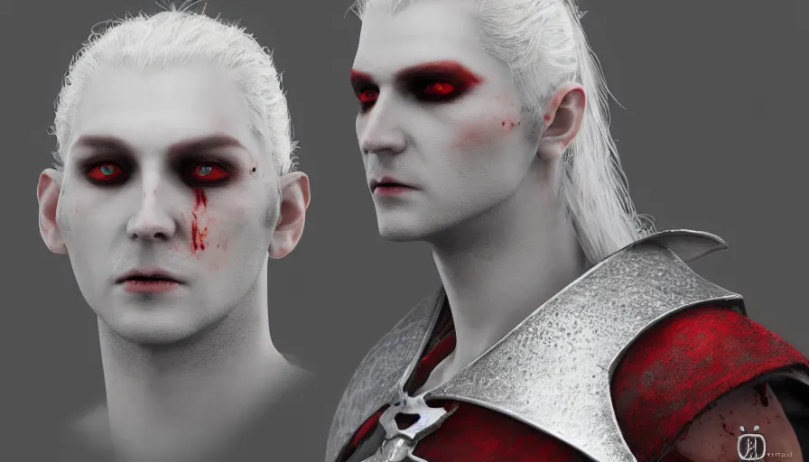 Prompt: a digital art portrait of a young pale vampire warrior with red eyes character design from dark souls, old inquisition witcher character sheet, 4 k, ultra detail, volumetric lighting, unreal engine, octane render