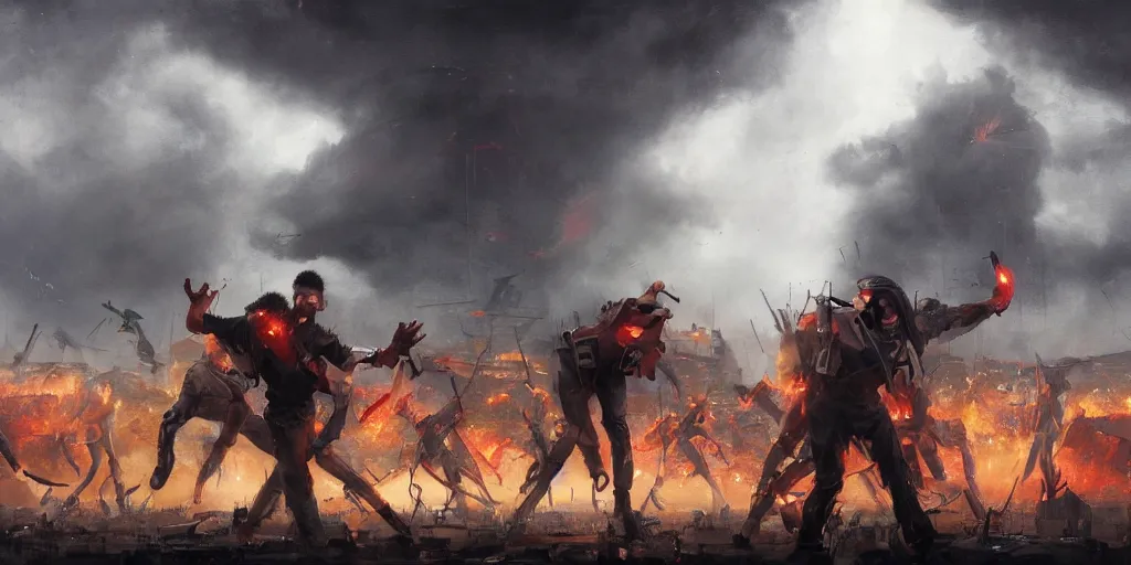 Prompt: concept art, of [ rage against the machine ] band memebers, very close shot!!! humans fighting with robots behind!!, detailed, dark concept art, dark skies painting by wlop, nixeu and greg rutkowski, beautiful, semirealism, artstation, octane render, oil painting, sharpness, 8 k, golden ratio