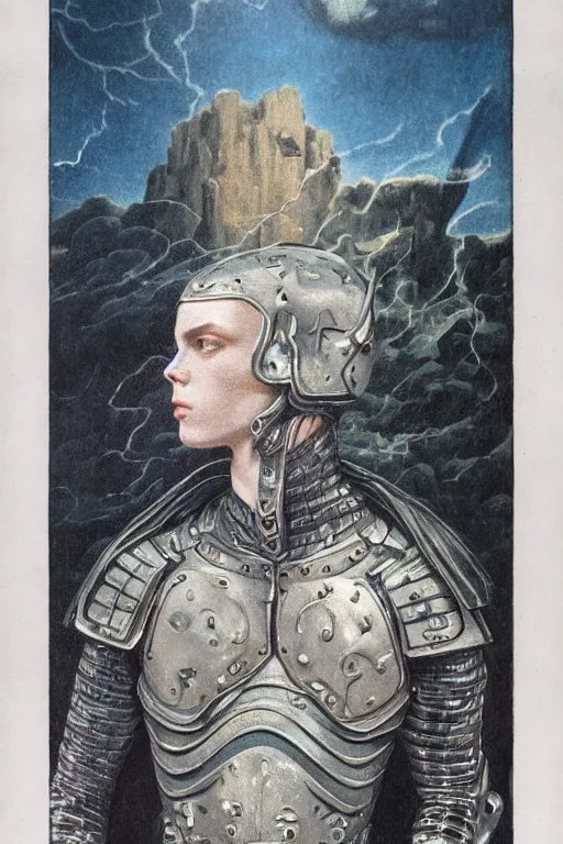 Image similar to portrait of beautiful gothic and futuristic young man, warcpace, cyber and rocks armor, a lot of more and more scars, thunderstorm, blueack with white head, the middle ages, highly detailed, artstation, illustration, more and more composision, 8 k quality, art by jean delville, rene magritte