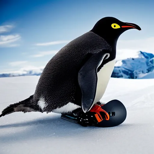 Image similar to ultrawide angle photograph of a snowboarding penguin wearing a helmet and snow goggles. the snowboard is made by burton. extremely detailed hyperrealistic photo, 8 k