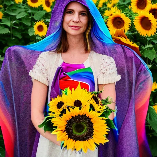 Image similar to photograph of a person in a rainbow cape holding a bouquet of sunflowers