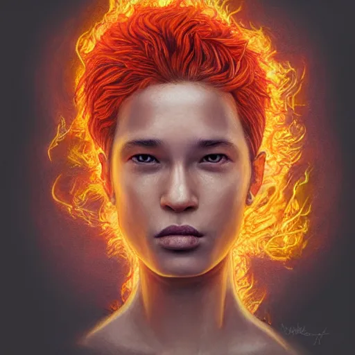 Image similar to Intricate five star Fire Sprite portrait by Anna Kullberg, Colored pencil on paper, high detail, skin texture, photo realistic, hyperrealism,matte finish, high contrast, 3d depth, masterpiece, vivid colors, artstationhd