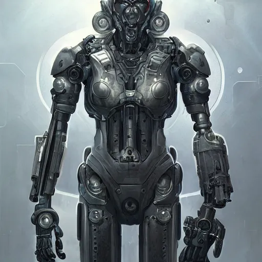 Prompt: portrait painting of a cybernetic grey ravenlike cyborg with power armor, ultra realistic, concept art, intricate details, eerie, highly detailed, photorealistic, octane render, 8 k, unreal engine. art by artgerm and greg rutkowski and alphonse mucha