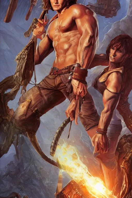 Image similar to pretty muscular sam winchester as indiana jones in the fate of atlantis, clothes torn apart, fantasy style, sharp focus!, ultra detailed, art by artgerm and peter andrew jones, wlop