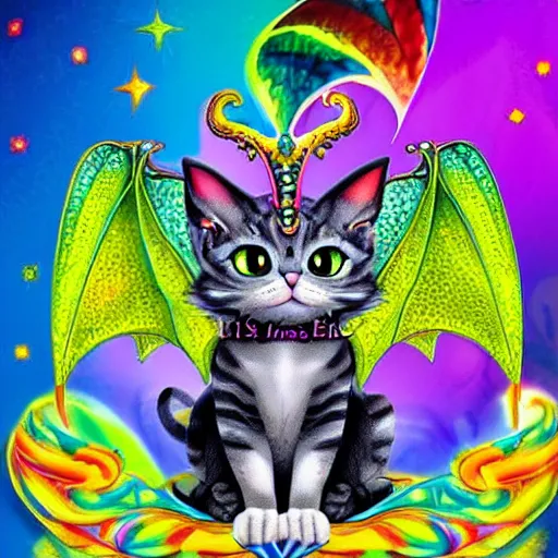 Image similar to a very cute fantasy cat with beautiful dragon wings by lisa frank