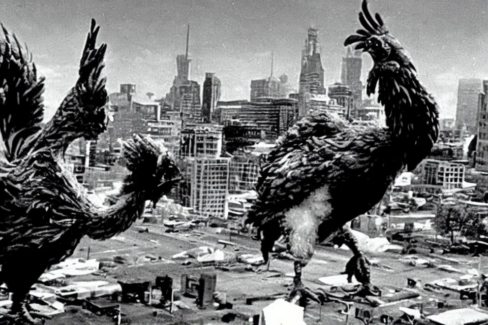 Prompt: still image taken from sci fi horror movie of a giant chicken and monster attacking a city. low camera angle. 1 9 6 0.