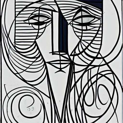 Prompt: one single continuous minimalist lineart of female face by picasso, cubist, highly stylized and rare