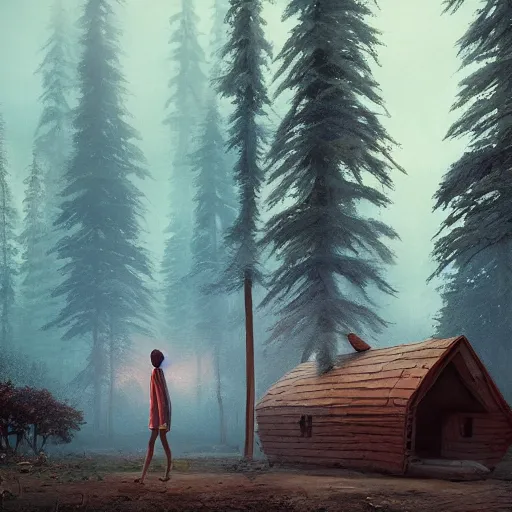 Image similar to woman leaving her wooden broken house by simon stålenhag, very highly detailed, award winning, rendered by Beeple, by Makoto Shinkai, syd meade, starwars, space art concept, digital art, unreal engine, blender, WLOP, trending on artstation, 4K UHD image, octane render