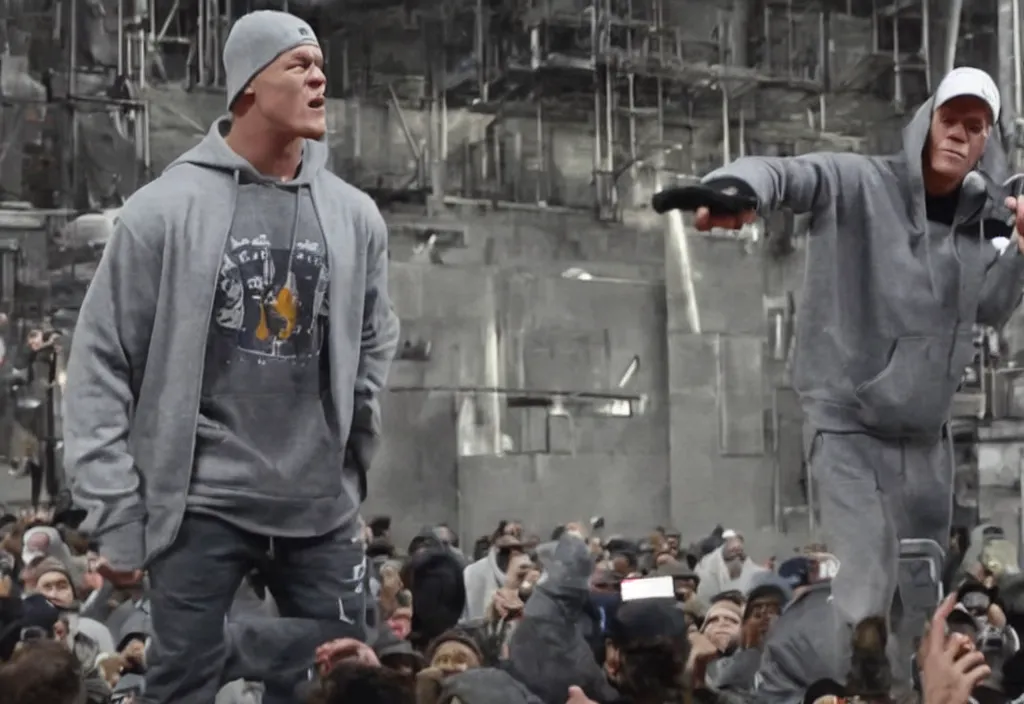 Image similar to john cena with a gray cap and a gray hoodie with the hood on. John Cena rapping in front of a crowd of people. Industrial setting. Lose yourself by eminem music video.