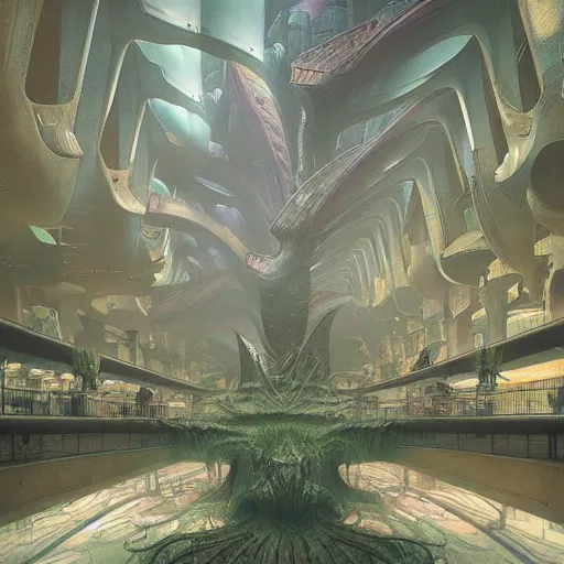 Image similar to epic alien jungle by zdzisław beksinski, greg rutkowski inside a giant futuristic mall by zaha hadid, inspired by the movie matrix