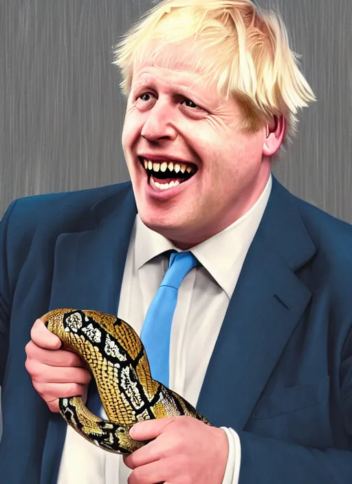 Image similar to A portrait of Boris Johnson with the body of a snake, wearing a suit, at a house party, laughing at the poor, high definition, digital art, illustration, hyperrealist