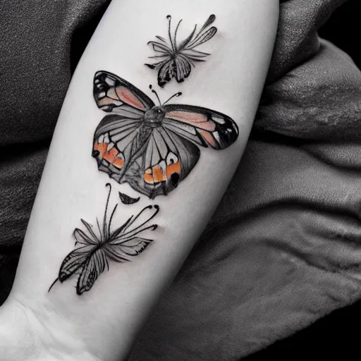 Prompt: a butterfly tattoo on a bicep comes to life. the butterfly flies away. 8 k, 4 k, hq, 3 d render, digital art, dramatic lighting, comedy, science fiction, hyper realistic, ultra detailed. style of arrival, fifth element.