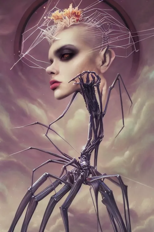 Image similar to portrait of an elegant alien spider queen, long legs, many legs, spindly legs, full body character concept art, by artgerm, tom bagshaw, gerald brom, vaporwave colors, lo - fi colors, vaporwave, lo - fi, moody vibe, goth vibe, 4 k, hd,