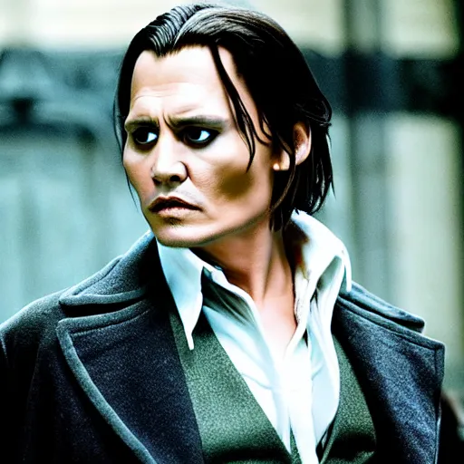 Image similar to Film Still of a Younger Adult Johnny Depp playing Young Adult Voldemort in Harry Potter, Film Still, realistic, hyperrealistic, very realistic, very very realistic, highly detailed, very detailed, extremely detailed, detailed, detailed face, very detailed face, very detailed face, realism, HD Quality, 8k resolution, intricate details, body and head in frame, Real Life