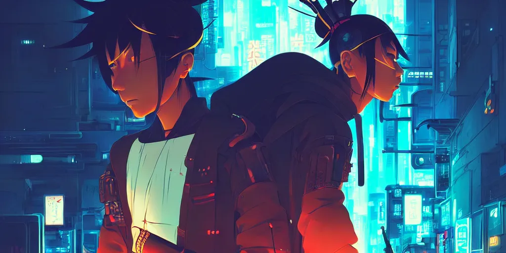 Image similar to digital illustration closeup portrait of cyberpunk samurai in city street at night by makoto shinkai, ilya kuvshinov, lois van baarle, rossdraws, basquiat | afrofuturism, in the style of hearthstone, trending on artstation | cool color scheme