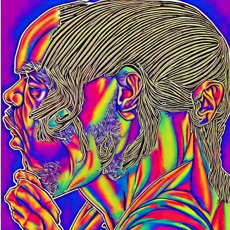 Image similar to rapping into microphone, epic angle, profile view, psychedelic hip hop, illustrated by Alex Grey