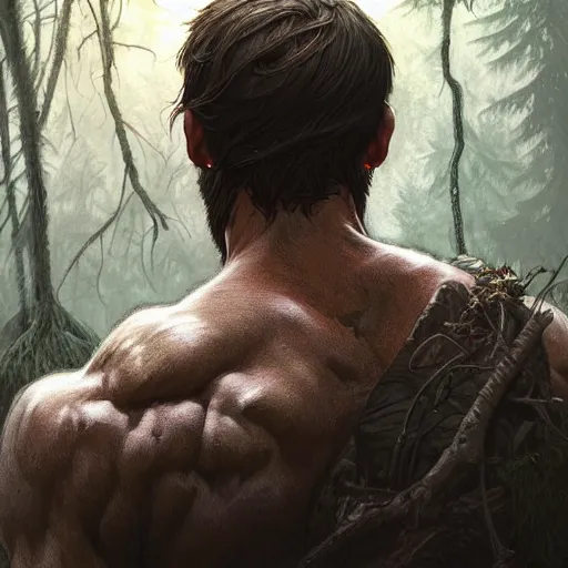 Prompt: back portrait of a rugged ranger in the forest, full body, muscular, hairy, forest, D&D, fantasy, intricate, elegant, highly detailed, digital painting, artstation, concept art, matte, sharp focus, illustration, art by Artgerm and Greg Rutkowski and Alphonse Mucha