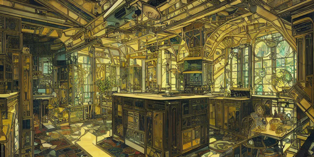 Prompt: a photo of a concept architecture art house solarpunk kitchen, style brutalism, gold and black turquoise ratio, extremely detailed, sharp focus, wide view, smooth, digital illustration, colorfull, by alphonse mucha