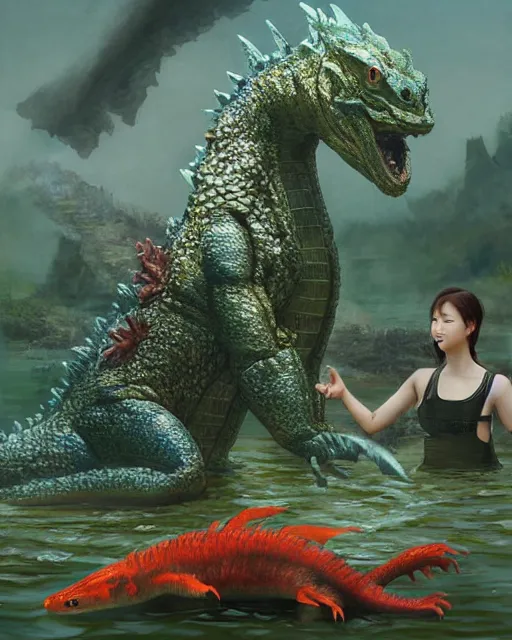 Prompt: Godzilla-like game character giant kaiju sized pond dragon half salamander, wet amphibious skin, red salamander, axolotl creature, koi pond, korean village by Ruan Jia and Gil Elvgren, fullbody