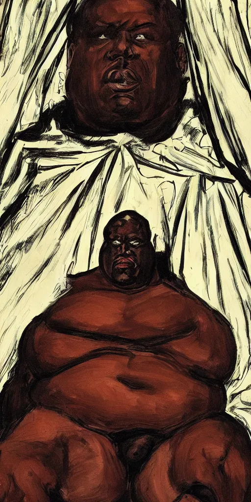 Image similar to style of frank miller, anatomically correct portrait of big black man sitting on throne, background made of big curtains