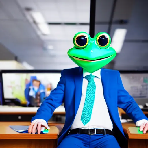 Image similar to professional close-up photograph of an anthropomorphic blue frog wearing a blue suit in an office, 8k, detailed