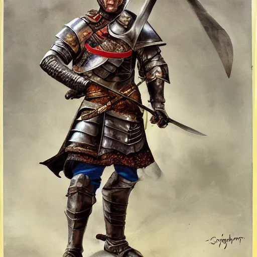 Prompt: realistic painting character portrait young scarred captain knight with a steel breastplate, short brown hair and stubble. straight nose, brown eyes, lean face and build. holding a longsword with a longbow on his back. hyper detailed