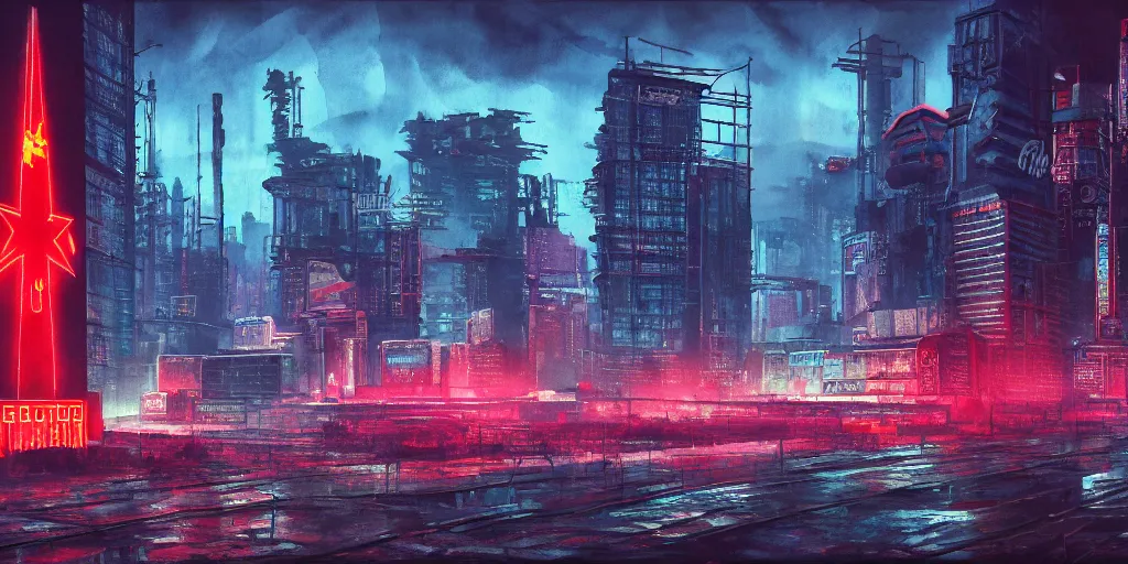 Prompt: landscape of a cyberpunk soviet city with neon hammer and sickle sign, watercolor, ultra realistic, highly detailed, hd, sharp focus, cinematic lighting, mood lighting, realistic, photorealistic, vivid colors, painting, photograph, digital art, non blurry, sharp, artstation, concept art, smooth, illustration